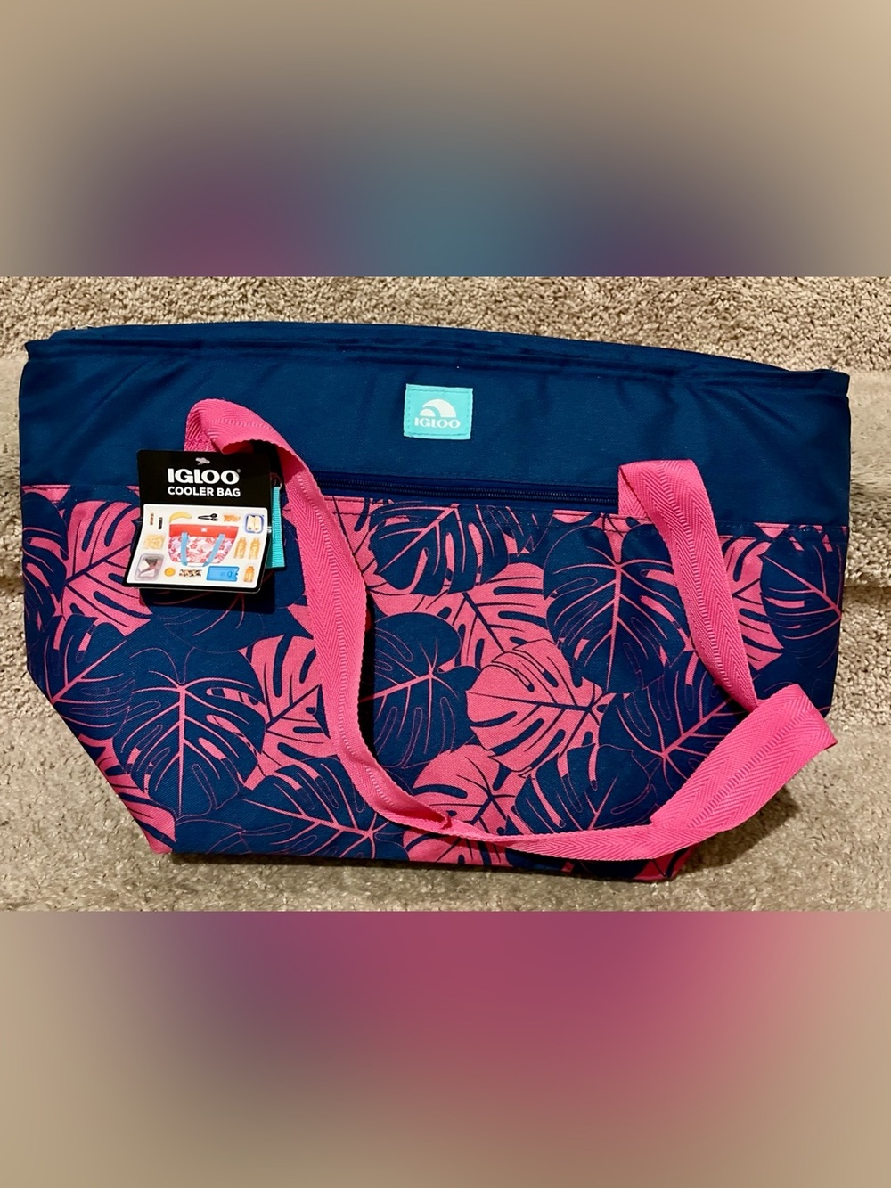 Igloo Cooler Beach Bag Tote 30 Can Floral Blue Pink Leaves NWT